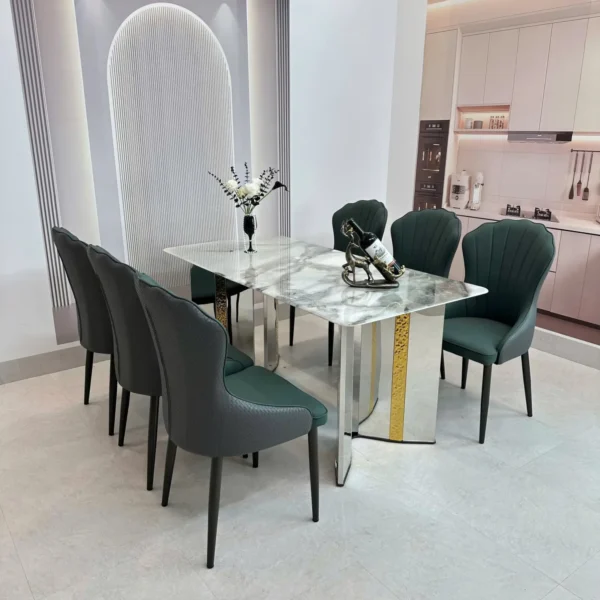 Bàn Ăn Mặt Đá 6 Ghế Da Chân Inox Mạ Vàng Cao Cấp - SP11992