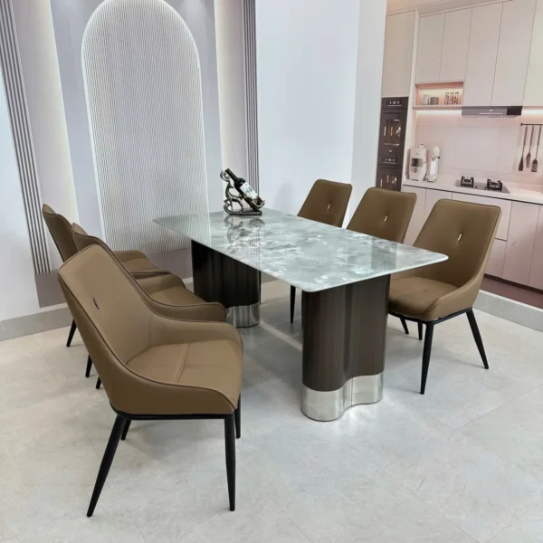 Bàn Ăn Mặt Đá 6 Ghế Da Chân Trụ Inox Bo Cong Sang Trọng - SP12016