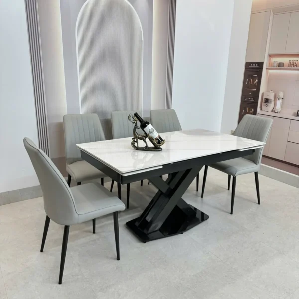 Bàn ăn thông minh mặt đá ceramic, 6 ghế ăn bọc da cao cấp - SP12032