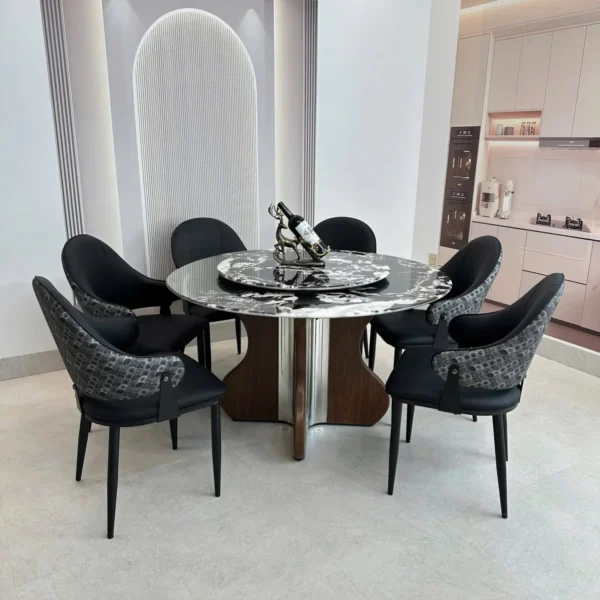 ban an tron mat da xoay 6 ghe chan tru inox phoi go hien dai sp12076 1