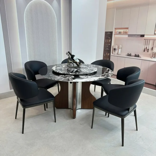 ban an tron mat da xoay 6 ghe chan tru inox phoi go hien dai sp12076 2