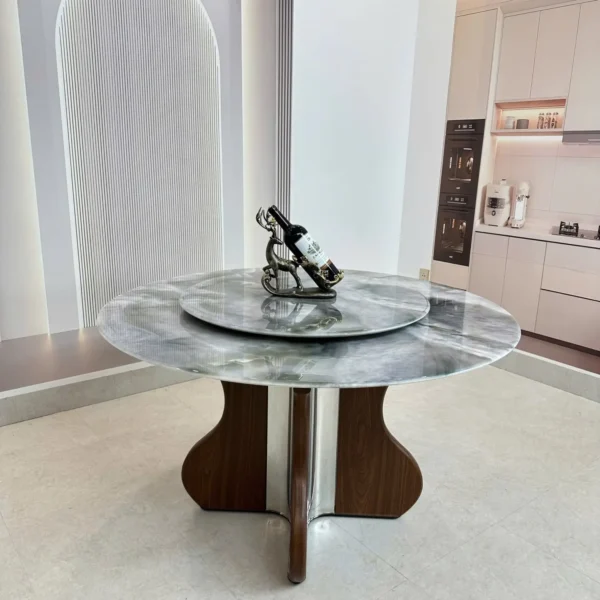 ban an tron mat da xoay 6 ghe chan tru inox phoi go hien dai sp12076 3