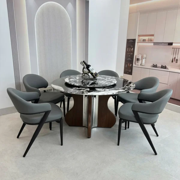 Bàn Ăn Tròn Mặt Đá Xoay 6 Ghế Chân Trụ Inox Phối Gỗ Hiện Đại - SP12076