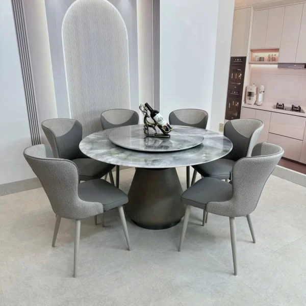 Bàn Ăn Tròn Mặt Đá Xoay 6 Ghế Chân Trụ Nón Hiện Đại - SP12095