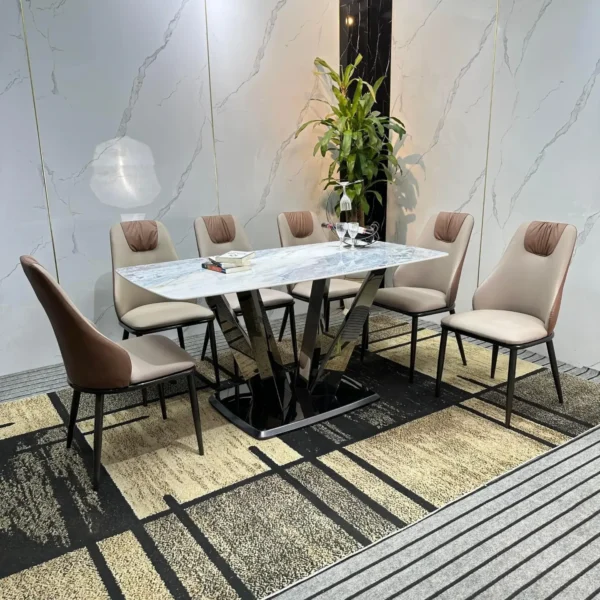 Bộ bàn ăn mặt đá 6 ghế ăn bọc da cao cấp - SP12092