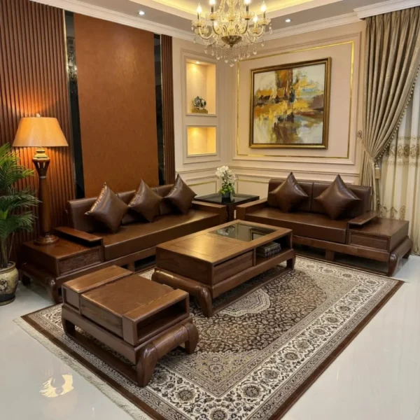 Bộ ghế sofa gỗ sồi chân đùi gà bọc da cao cấp - SP11656