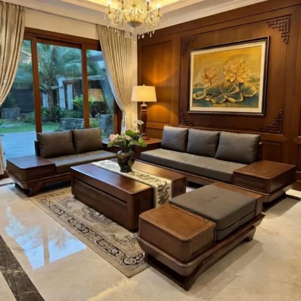 Bộ ghế sofa gỗ sồi chân vuông bọc da cao cấp - SP11658