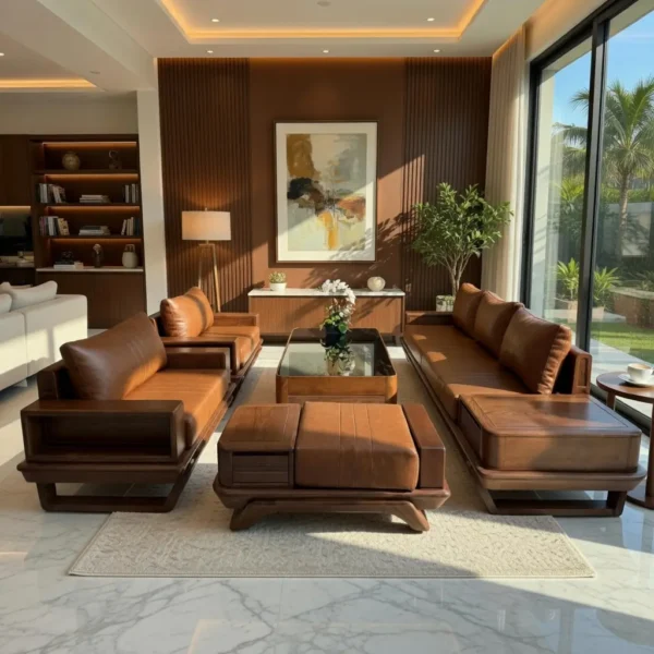 Trang chủ 386 Bộ sofa gỗ sồi chân thuyền đối bọc da cao cấp - SP11660