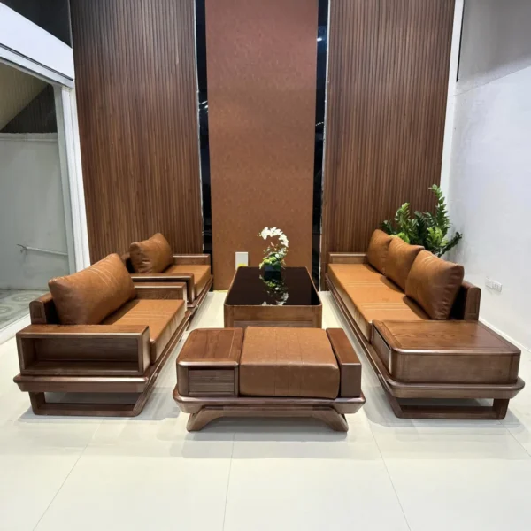 Bộ sofa gỗ sồi chân thuyền đối bọc da cao cấp - SP11660