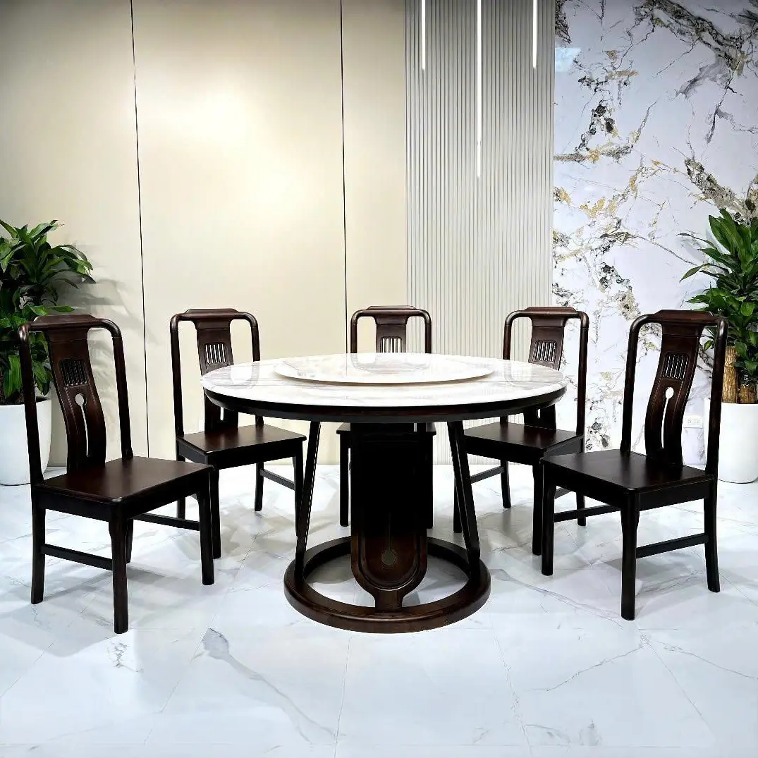Bộ Bàn Ăn Tròn Gỗ Gụ Nam Phi Mặt Đá Nhập Khẩu Cao Cấp - SP13711 4 bo ban an tron go gu nam phi mat da cao cap sp13702 1