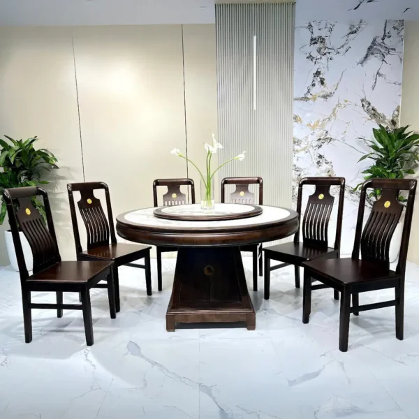 Bộ Bàn Ăn Tròn Gỗ Gụ Nam Phi Mặt Đá Cao Cấp Nhập Khẩu - SP13702