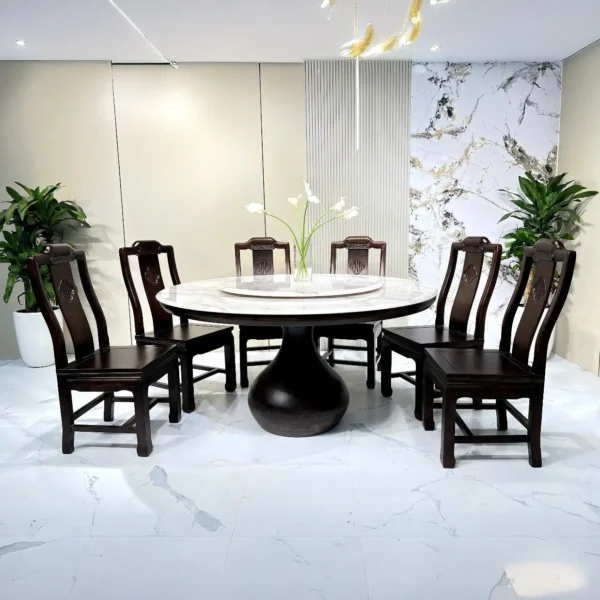 Bộ Bàn Ăn Tròn Gỗ Gụ Nam Phi Mặt Đá Thạch Anh Nhập Khẩu - SP13710