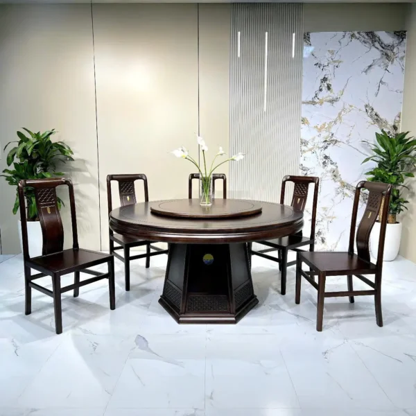 Bộ Bàn Ăn Tròn Gỗ Gụ Nam Phi Mặt Đá Nhập Khẩu Cao Cấp - SP13713