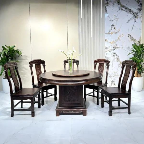 Bộ Bàn Ăn Tròn Gỗ Gụ Nam Phi Mặt Đá Nhập Khẩu Cao Cấp - SP13712