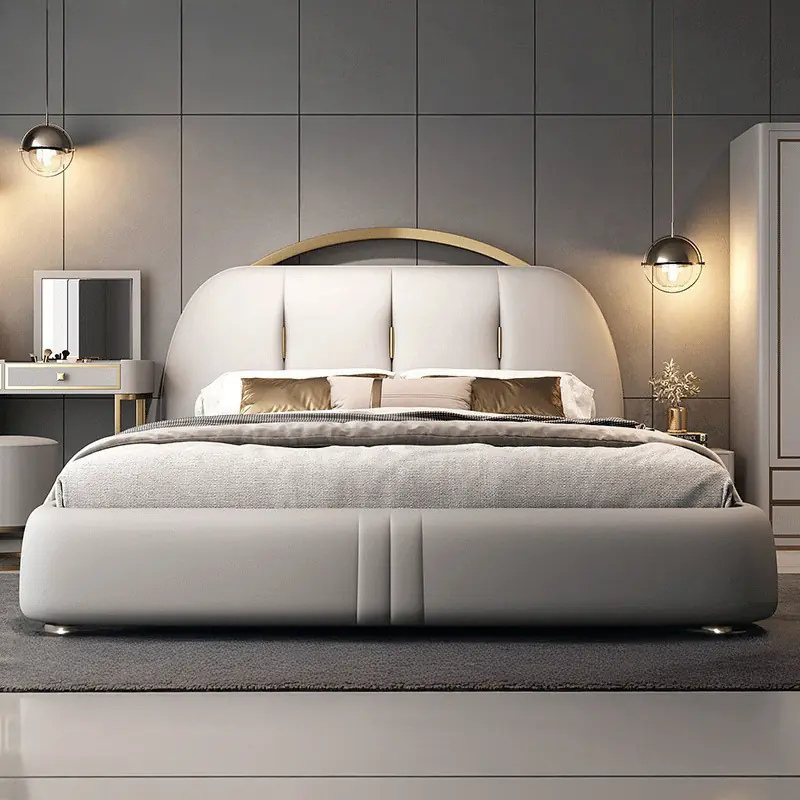 Giường Ngủ Bọc Da 3 Múi Bo Cong Phối Inox Vàng Cao Cấp - SP12585 4 Giường ngủ bọc da sp12585