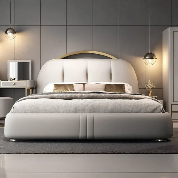 Giường Ngủ Bọc Da 3 Múi Bo Cong Phối Inox Vàng Cao Cấp - SP12585