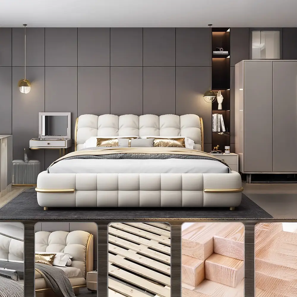 Giường Ngủ Bọc Da Đầu Phối Viền Vàng Sang Trọng - SP12579 3 Giường Ngủ Bọc Da Đầu Phối Viền Vàng Sang Trọng - SP12579 - Ảnh 3