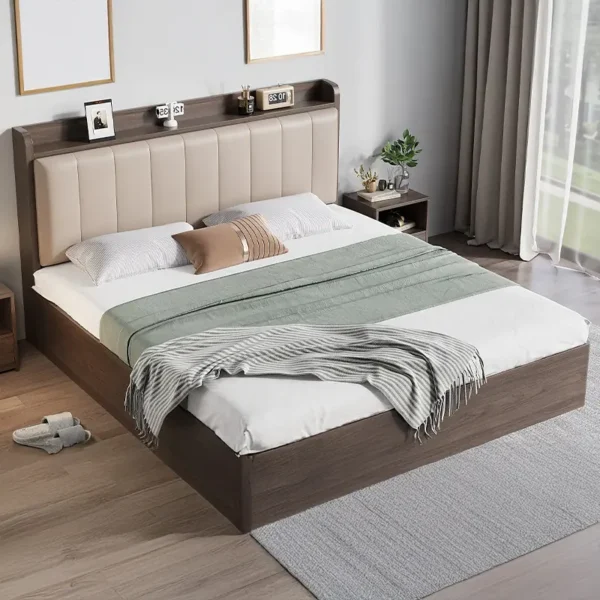Giường Ngủ Gỗ Bọc Da Thiết Kế Kệ Đầu Giường Hiện Đại - SP13428