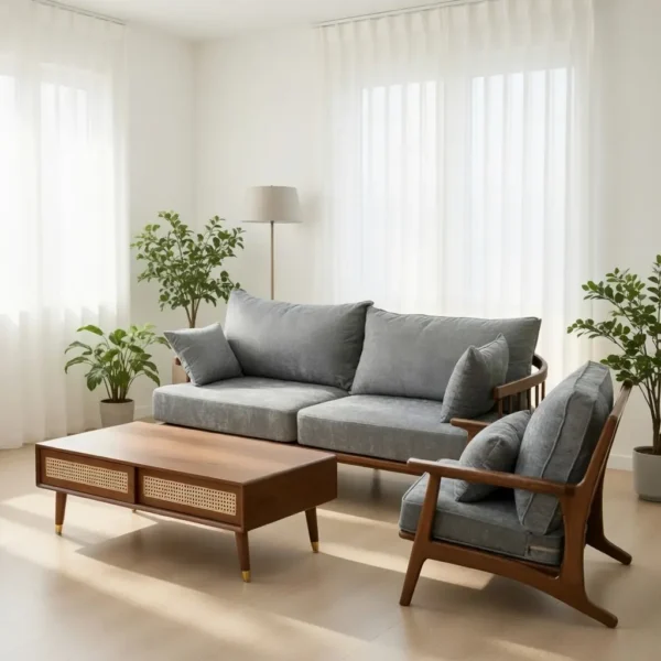 SOFA GÓC GỖ TẦN BÌ PHỐI NAN MÂY BỌC VẢI NỈ CAO CẤP - SP13622