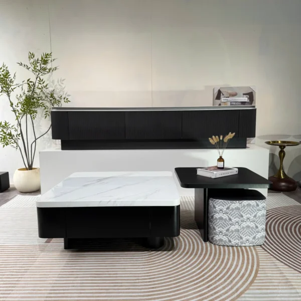 Bàn Trà Đôi Mặt Đá Vuông Phối Đen Trắng Cao Cấp - SP14326