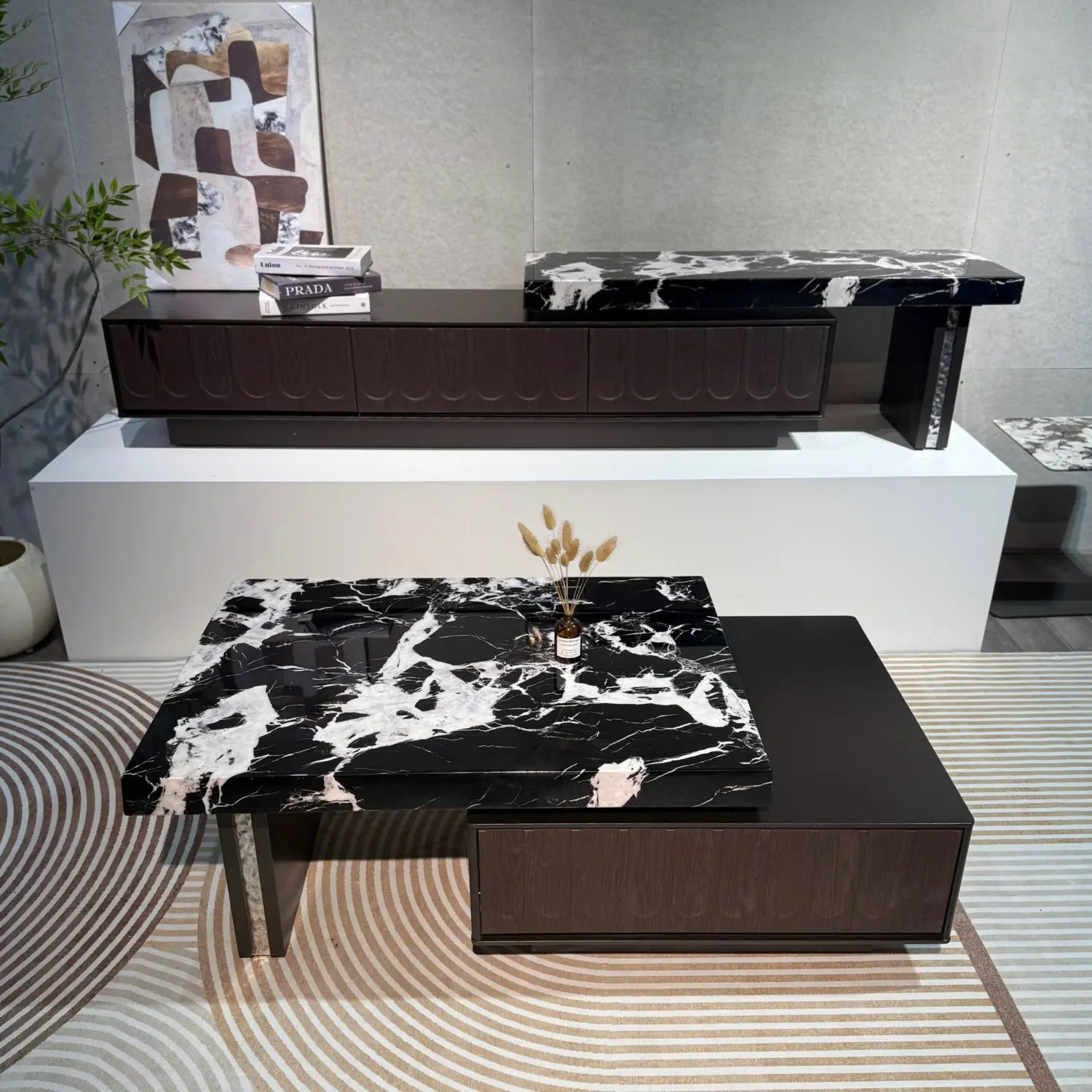 Bàn Trà Mặt Đá Đen Vân Trắng Phối Gỗ Cao Cấp - SP14342 16 ban tra mat da den van trang phoi go cao cap sp14342 1