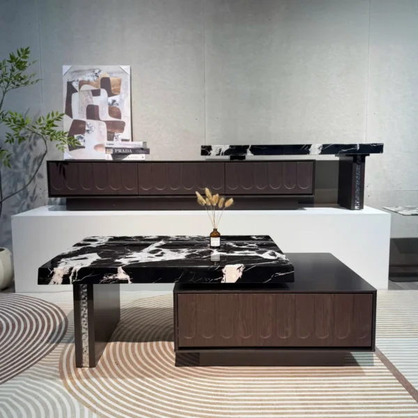 Bàn Trà Mặt Đá Đen Vân Trắng Phối Gỗ Cao Cấp - SP14342