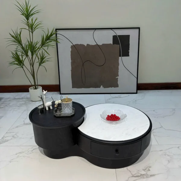 Bàn trà tròn kép mặt đá phối gỗ cao cấp - SP15002