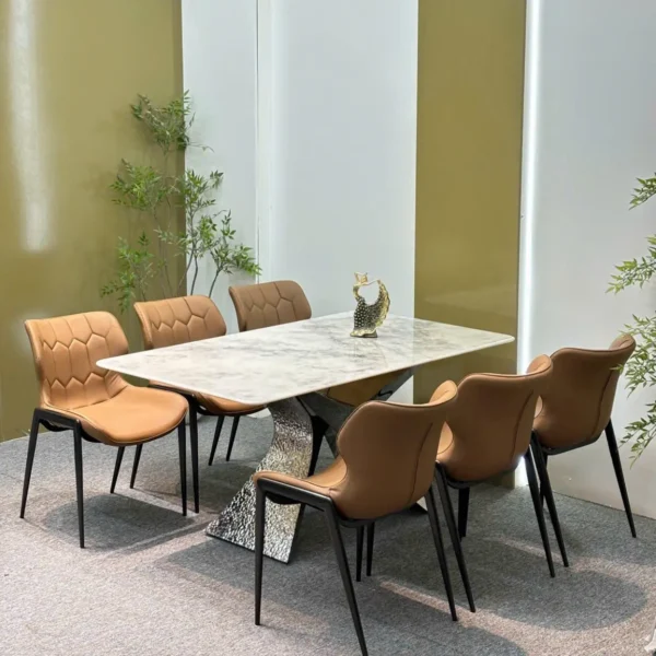 Bộ bàn ăn 6 ghế mặt đá chân inox cách điệu hiện đại - SP15525