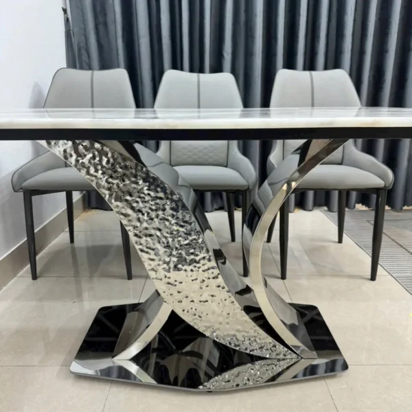 Bộ bàn ăn 6 ghế mặt đá chân inox cách điệu hiện đại - SP15525 5 bo ban an 6 ghe mat da chan inox cach dieu hien dai sp15525