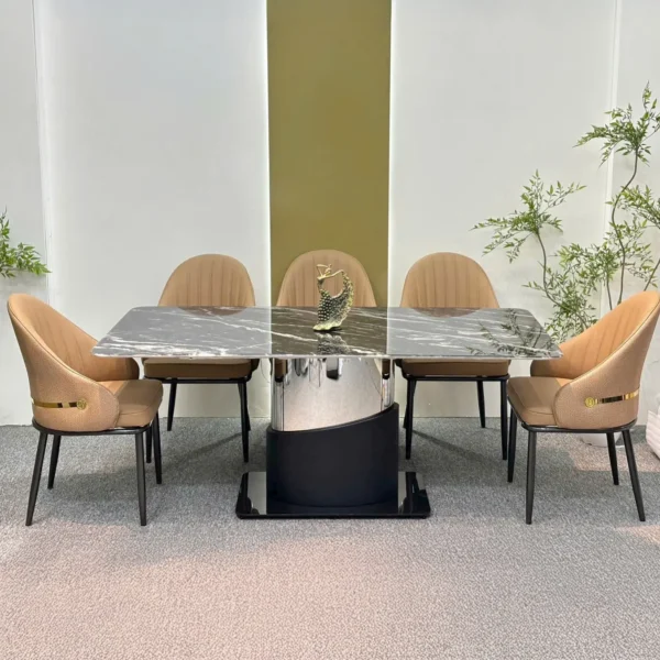 Bộ bàn ăn mặt đá 6 ghế bọc da cao cấp chân inox hiện đại - SP15660