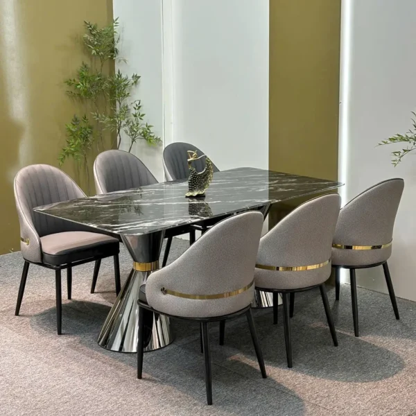 Bộ bàn ăn mặt đá 6 ghế bọc da cao cấp chân inox hiện đại - Sp15672 5 bo ban an mat da 6 ghe boc da cao cap chan inox hien dai sp15672 1