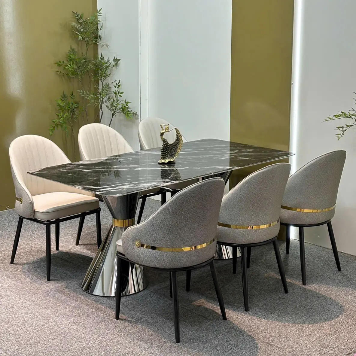 Bộ bàn ăn mặt đá 6 ghế bọc da cao cấp chân inox hiện đại - Sp15672 6 bo ban an mat da 6 ghe boc da cao cap chan inox hien dai sp15672 2