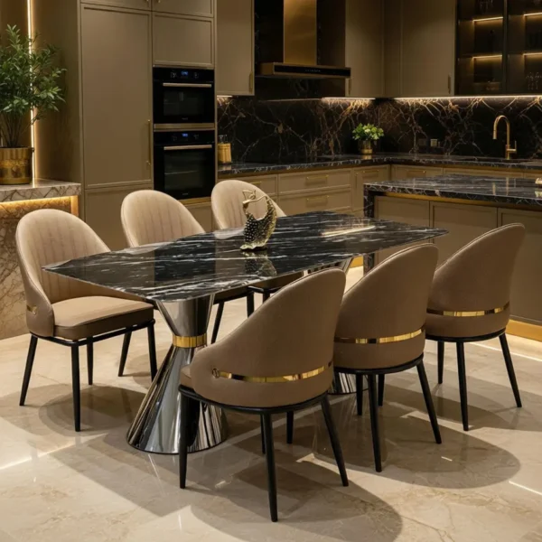 Bộ bàn ăn mặt đá 6 ghế bọc da cao cấp chân inox hiện đại - SP15672