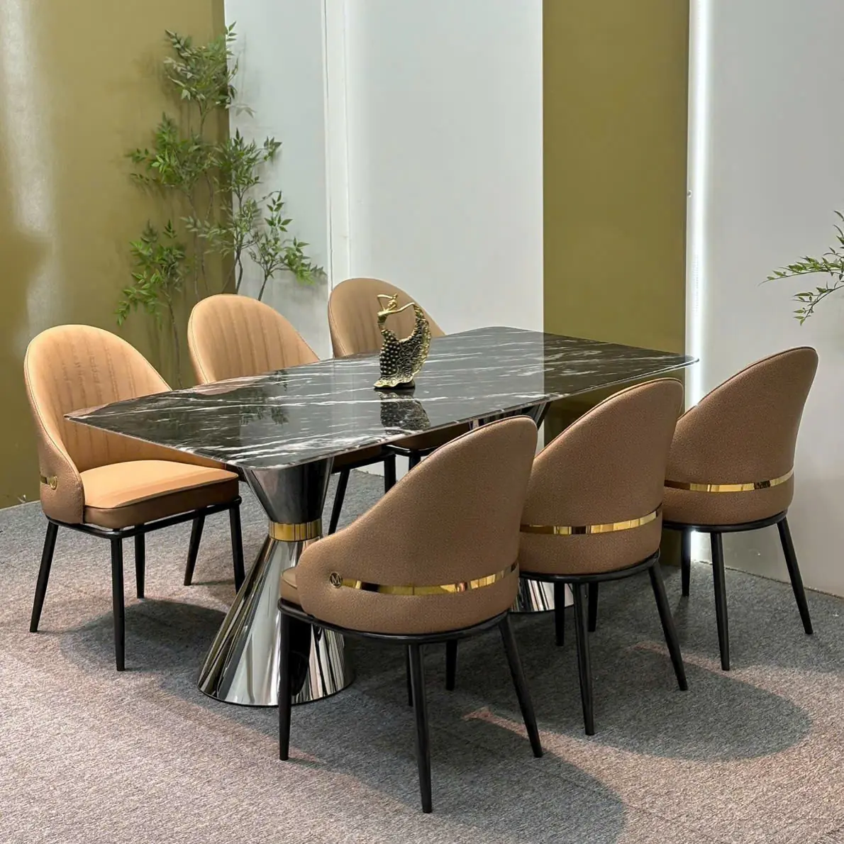 Bộ bàn ăn mặt đá 6 ghế bọc da cao cấp chân inox hiện đại - Sp15672 8 bo ban an mat da 6 ghe boc da cao cap chan inox hien dai sp15672