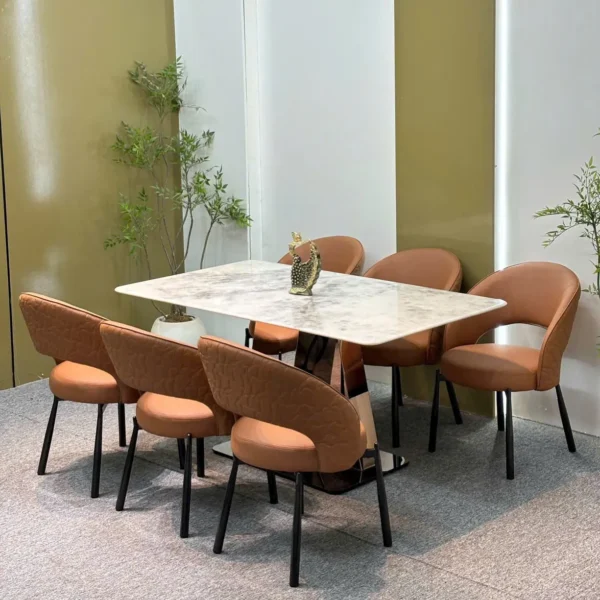 Bộ bàn ăn mặt đá 6 ghế bọc da chân cách điệu hiện đại - SP15652