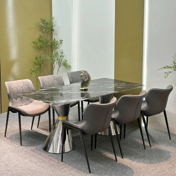 Bộ bàn ăn mặt đá 6 ghế bọc da chân inox hiện đại - SP15630