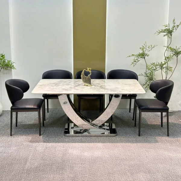 Bộ bàn ăn mặt đá 6 ghế chân inox vòng cung cao cấp - SP15513