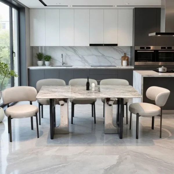 Bộ bàn ăn 6 ghế mặt đá chân chữ V cao cấp hiện đại - SP16314