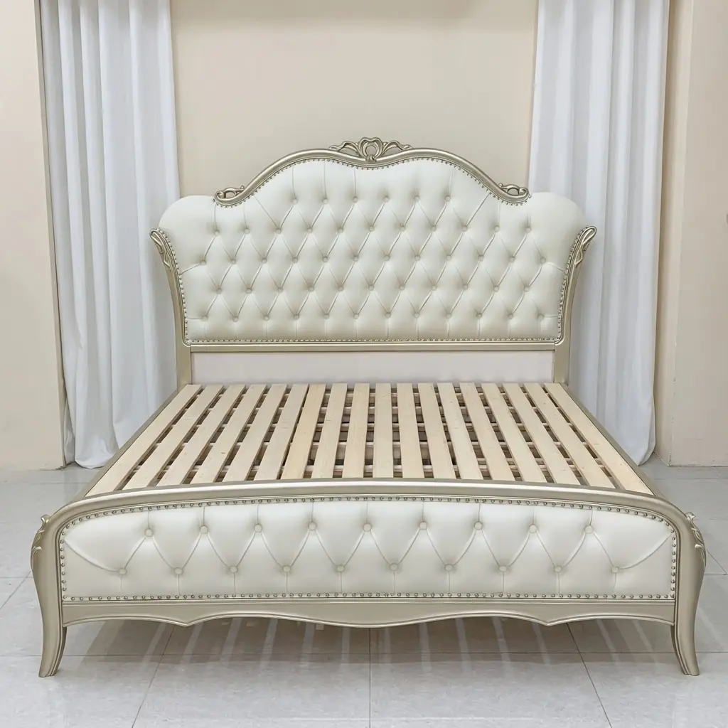 Giường ngủ bọc da tân cổ điển màu kem mạ bạc nhập khẩu cao cấp - SP18366 1 Giường ngủ bọc da tân cổ điển màu kem mạ bạc nhập khẩu cao cấp - SP18366