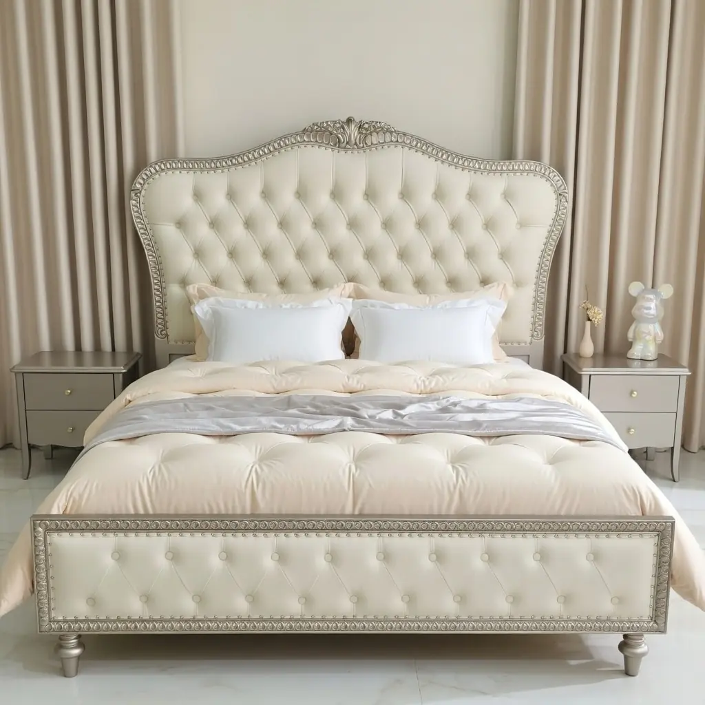 Giường ngủ tân cổ điển bọc da kem mạ bạc cao cấp - SP18387 1 Giường ngủ tân cổ điển bọc da kem mạ bạc cao cấp - SP18387