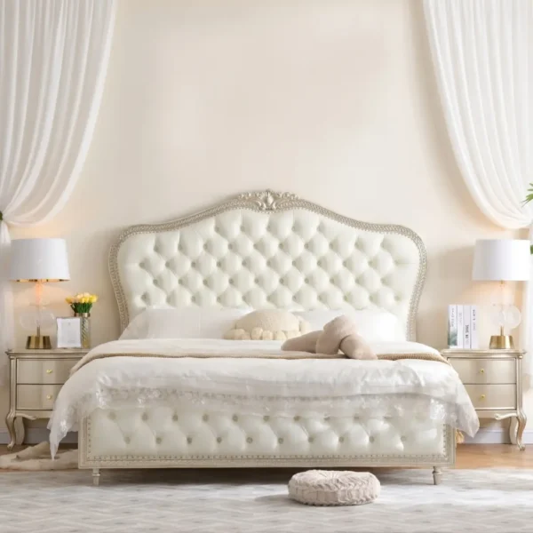Giường ngủ tân cổ điển bọc da kem mạ bạc cao cấp - SP18387 6 giuong ngu tan co dien boc da kem ma bac cao cap sp18387 2