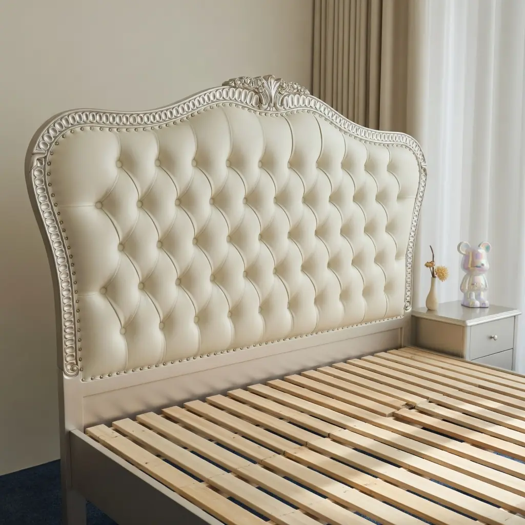 Giường ngủ tân cổ điển bọc da kem mạ bạc cao cấp - SP18387 8 giuong ngu tan co dien boc da kem ma bac cao cap sp18387 3