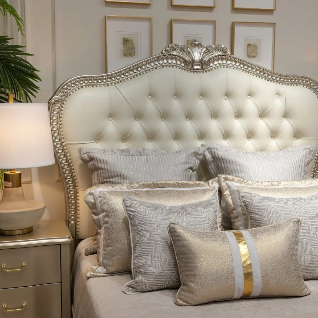 Giường ngủ tân cổ điển bọc da kem mạ bạc cao cấp - SP18387 10 giuong ngu tan co dien boc da kem ma bac cao cap sp18387