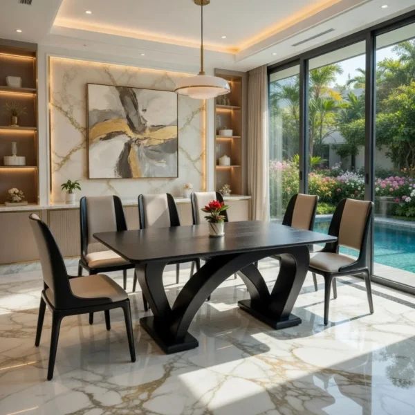 Bàn ăn gỗ sồi thiết kế chân cong sang trọng - SP18990