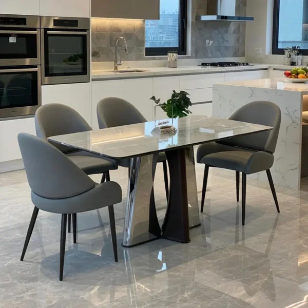 Bàn ăn mặt đá vi tinh thể, chân inox, ghế da nhập khẩu cao cấp - SP18862