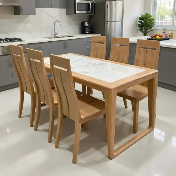 Bộ bàn ăn gỗ sồi, mặt bàn gỗ kết hợp đá - SP18954